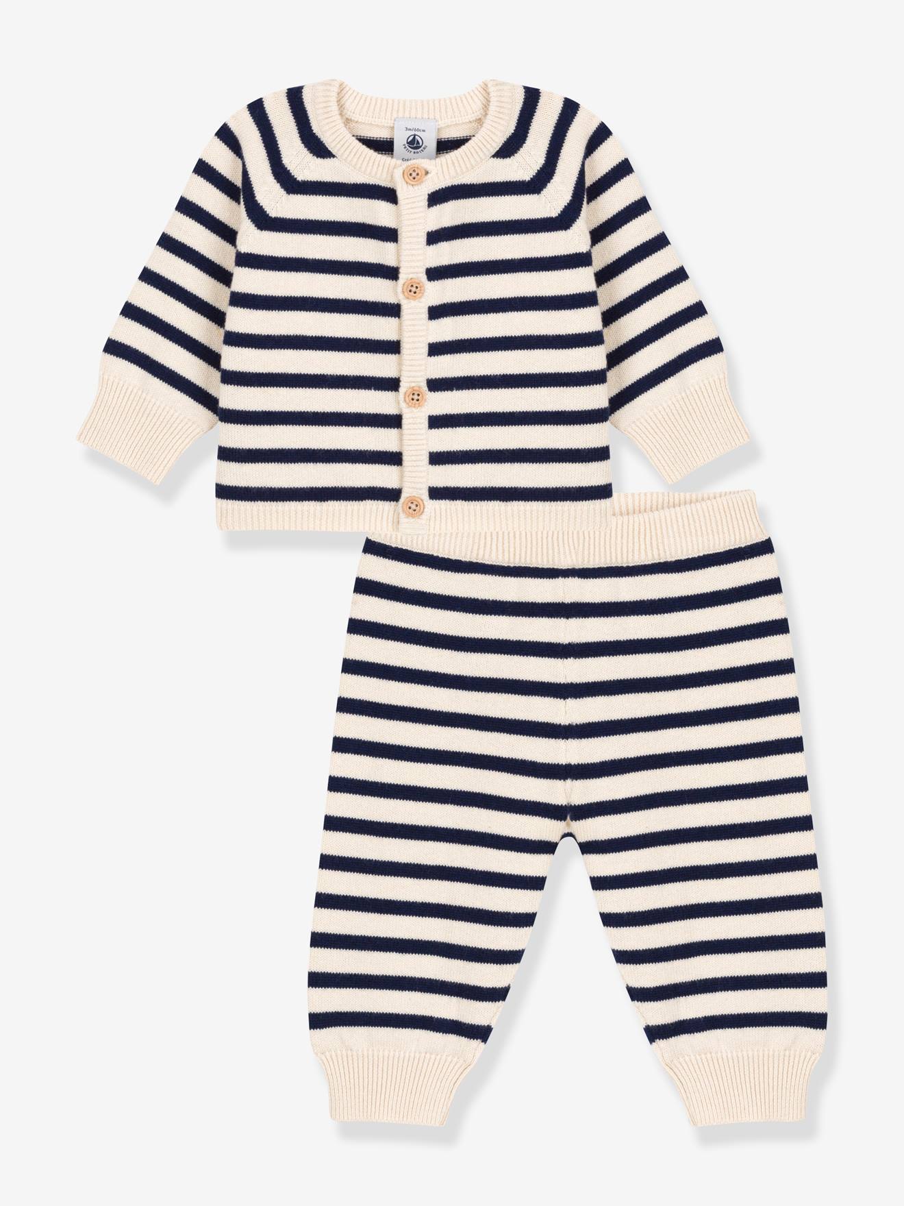 Conjunto PETIT BATEAU de 2 peças em malha listrada branca com estampa, confeccionada em lã e algodão tricot.