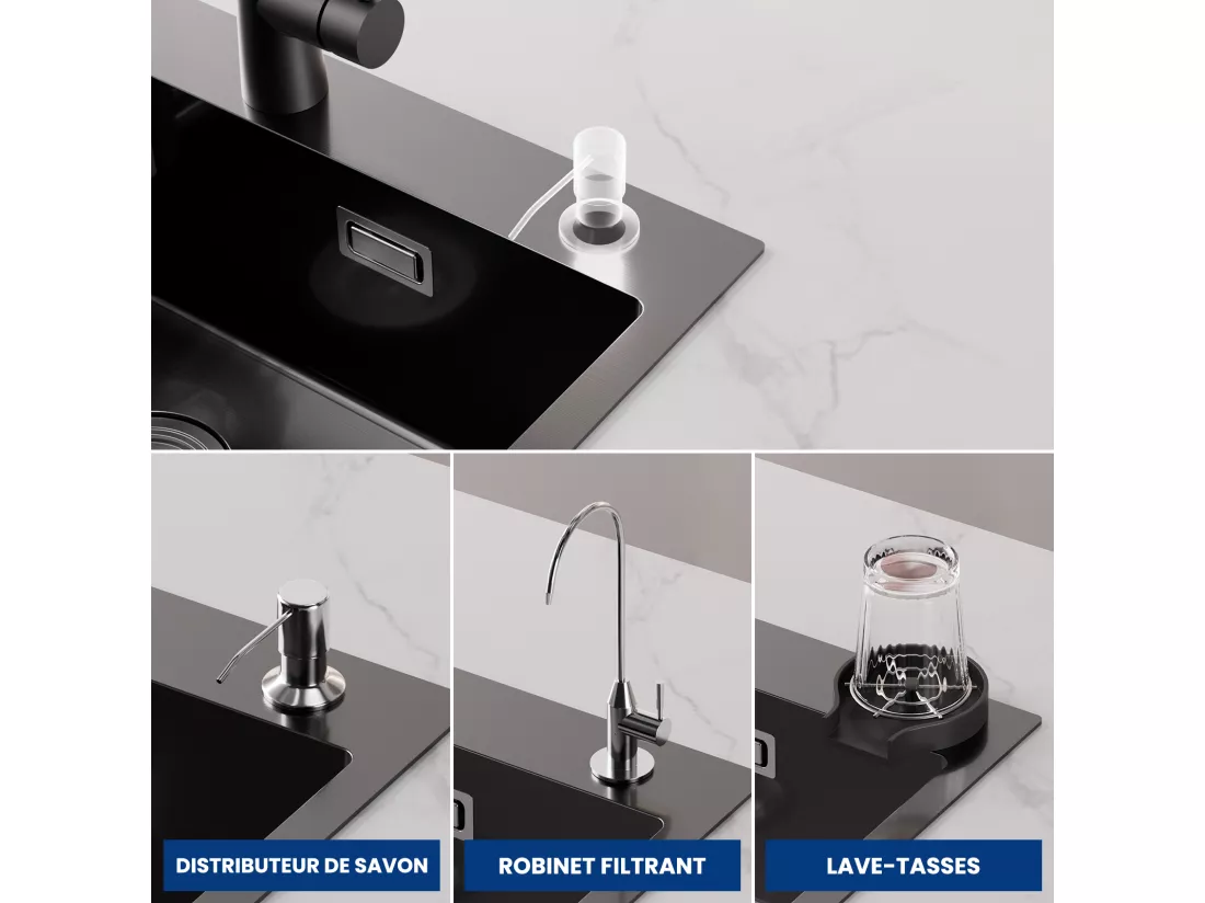 Évier de Cuisine Inox 60×45cm, Évier 1 Bac avec Panier de Drainage + Mitigeur de Cuisine Avec Douchette Extractible, 2 Modes de Sortie D'eau, Brossé