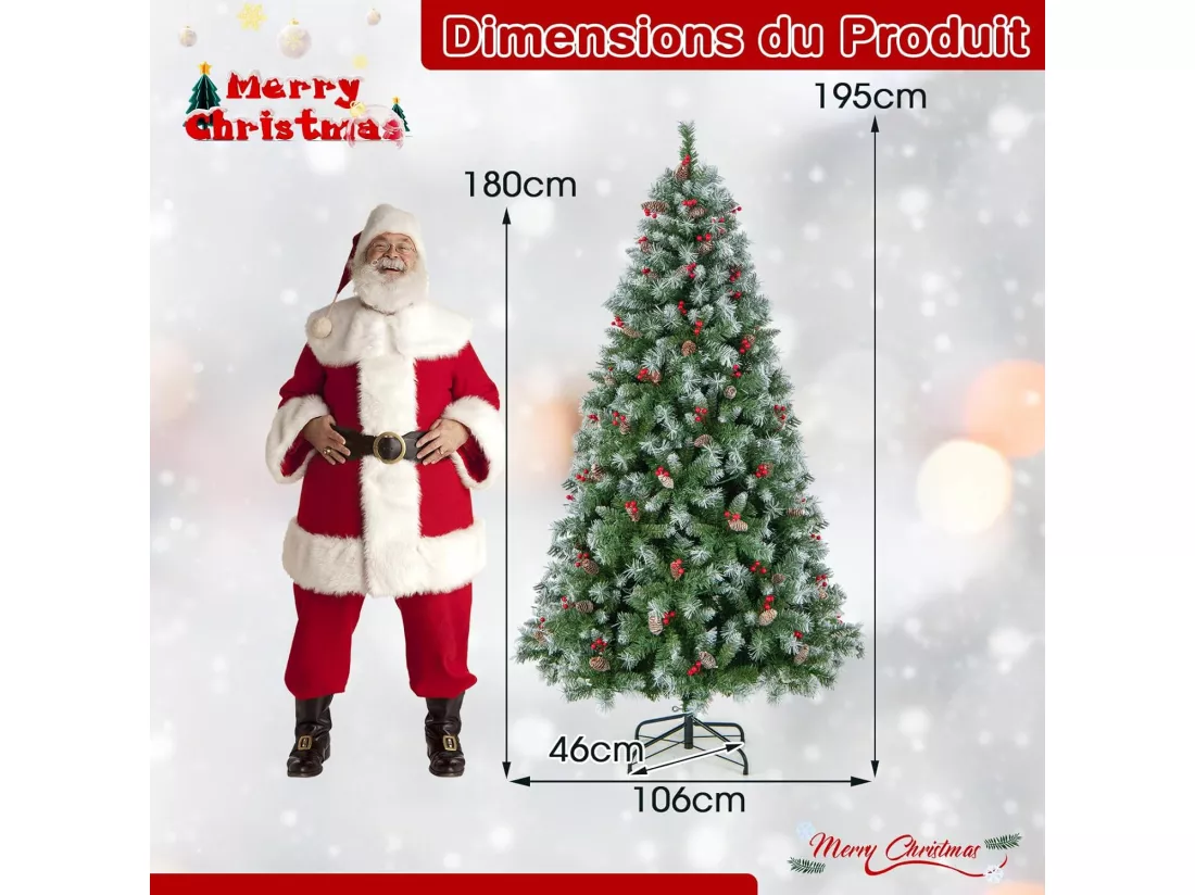 Sapin de Noël 195 cm, 909 Branches Articulées avec 420 LED Blanc Chaud, 8 Éclairage, Baies Rouges & Pommes de Pin, Arbre de Noël pour Fêtes (195cm)