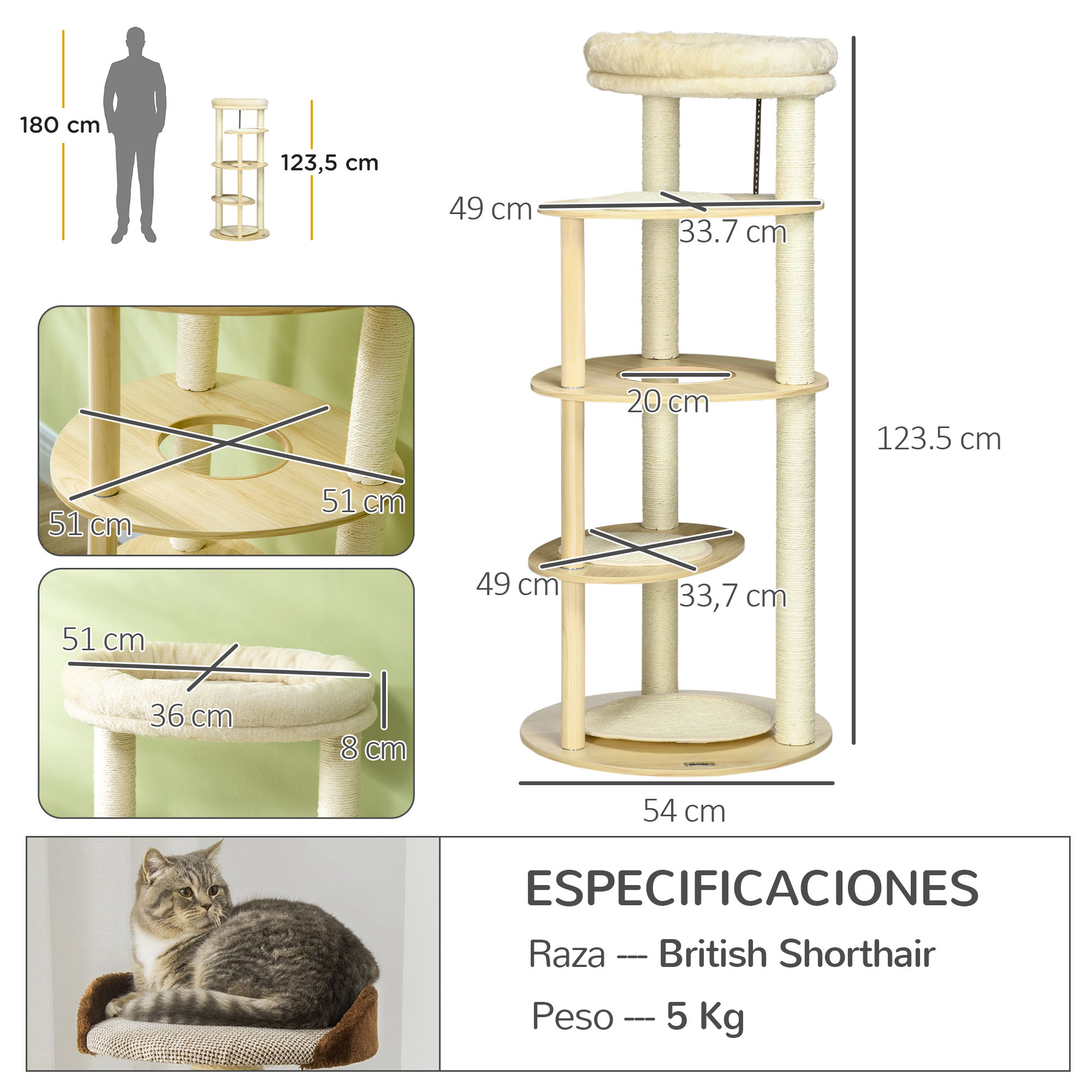 Árvore arranhadora de madeira PawHut para gatos, 123,5 cm, torre de escalada com múltiplas plataformas, cama removível e almofadas, Ø54x123,5 cm, carvalho.