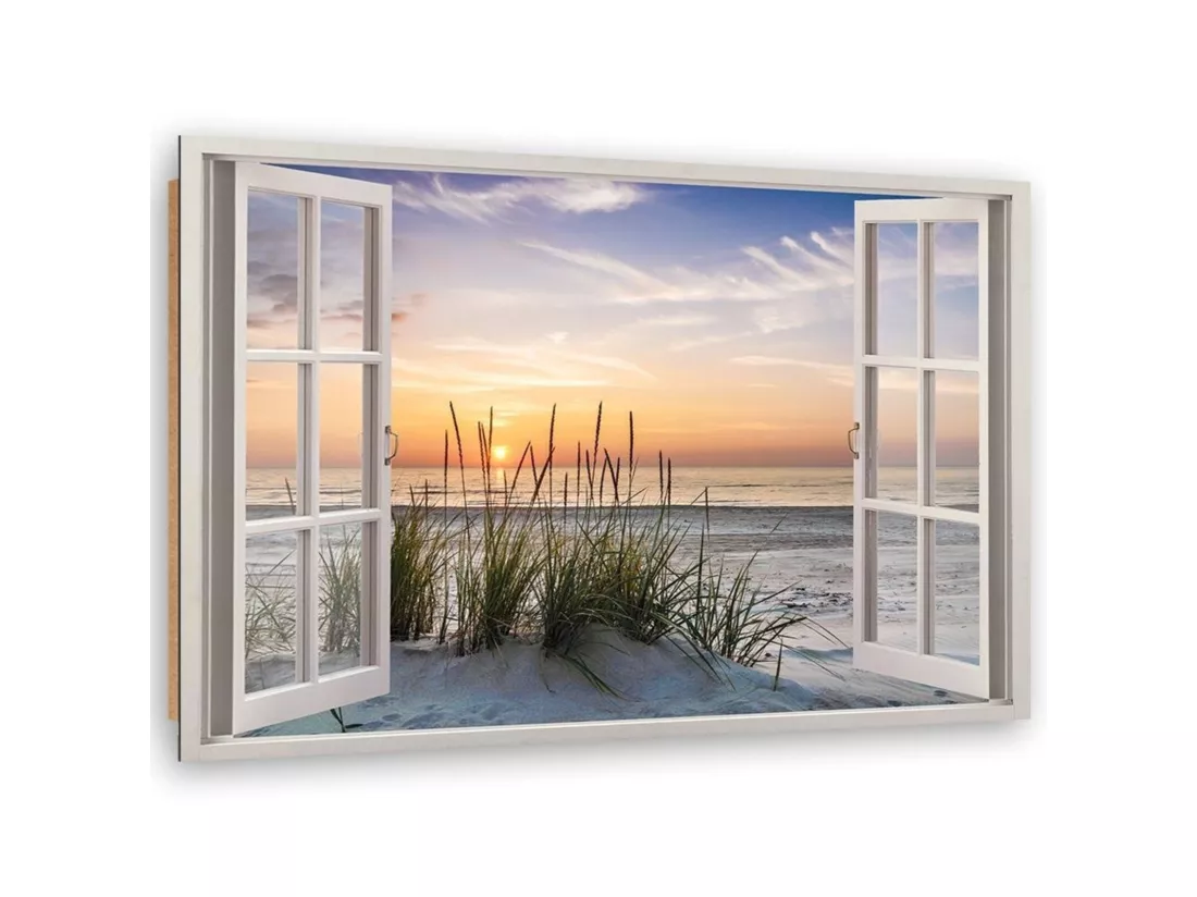 Tableau fenêtre en bois donnant sur la plage - 60 x 40 cm
