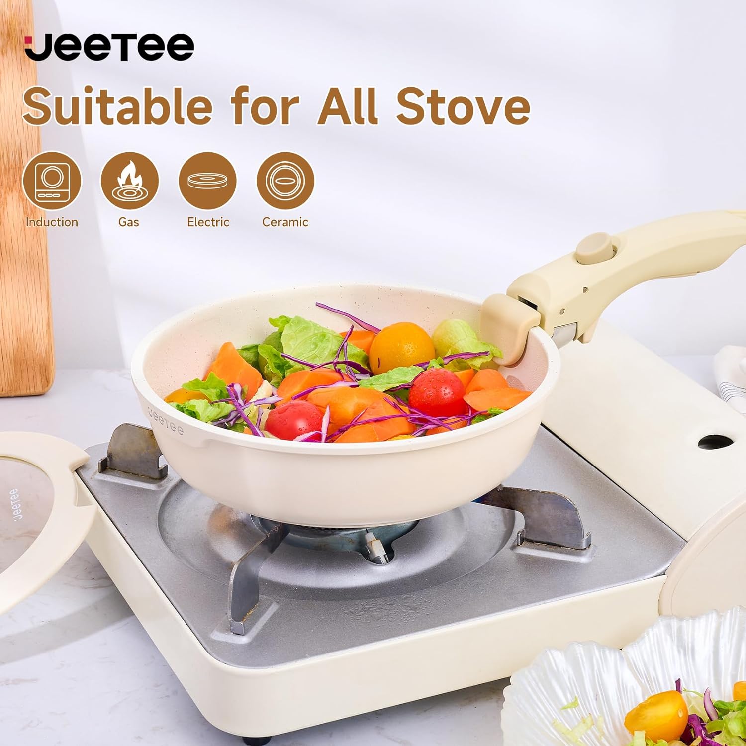 JEETEE Topfset Pfannenset mit abnehmbarem Griffen 25-Teilig, Pfanne 20/26cm, Kochtopf 18/20cm, Tiefe Bratpfanne 26cm, Grillpfanne 26cm, Stapelbar Topfset Für alle Herdarten, Antihaft, Ofenfest, Beige