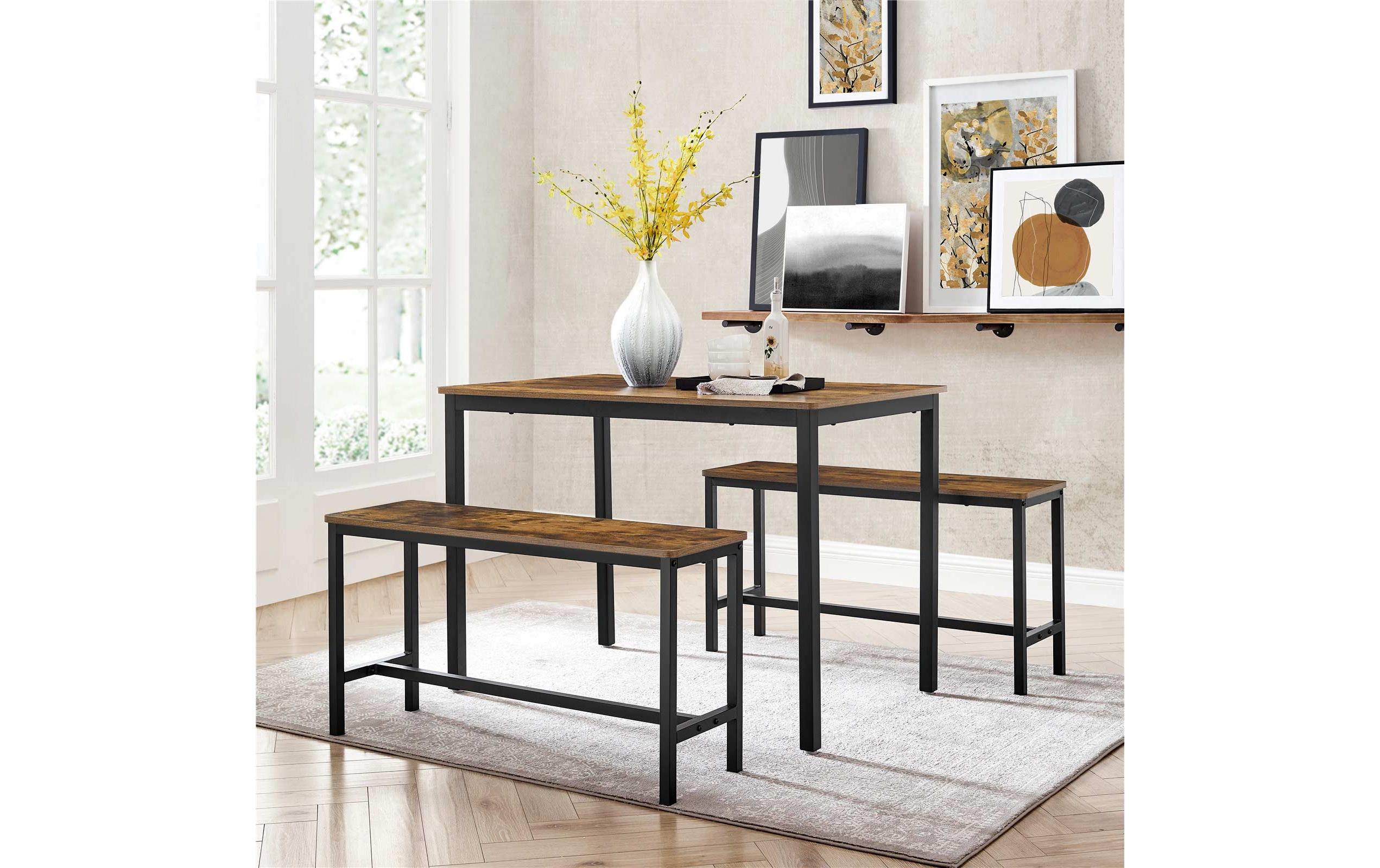 Tisch mit zwei Bänken, Vintagebraun-Schwarz<br>Set im Industrielook