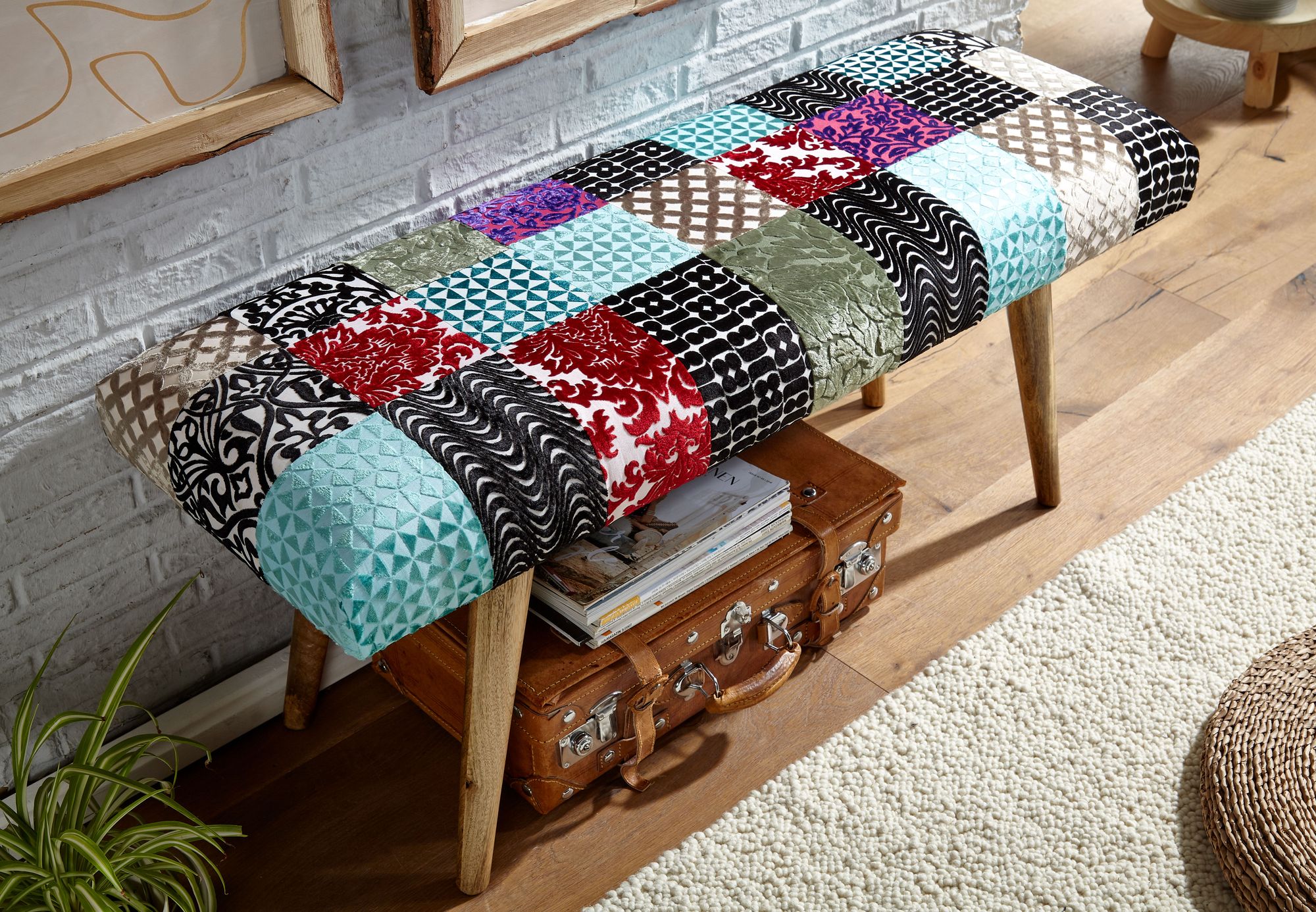 Sitzbank FineBuy Bettbank Samt 117 cm Patchwork Flurbank Polsterbank Bank Modern