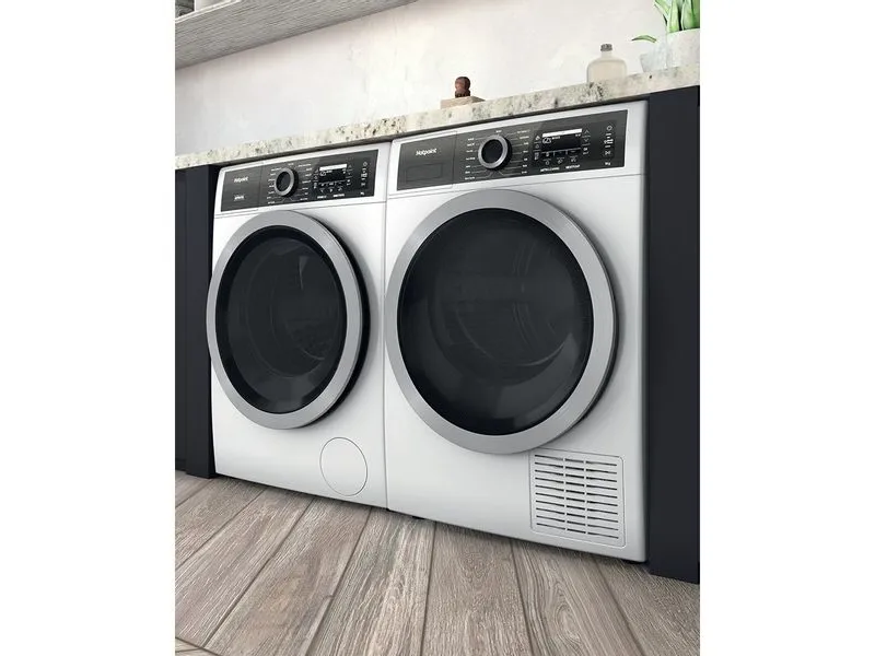 Hotpoint H8 D94WB EU, Fritstående, Front-læsning, Varmepumpe, Hvid, Dreje, Berøring, Højre
