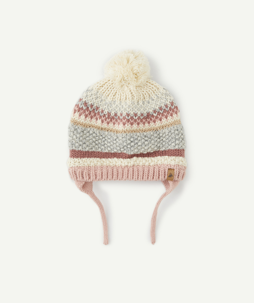 BONNET TRICOT BÉBÉ FILLE EN FIBRES RECYCLÉES AUX DÉTAILS ROSES AVEC POMPON