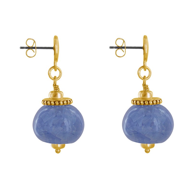 Boucles d'Oreilles Clous Métal Doré et Grosses Perles en Céramique