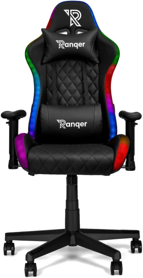 Halo Gaming Stuhl RGB LED Bürostuhl, Ergonomischer Schreibtischstuhl mit 350 Farben & Effekten, Höhenverstellbare 2D Armlehnen, 90-180° Rückenlehne, Drehstuhl für Gamer, Schwarz