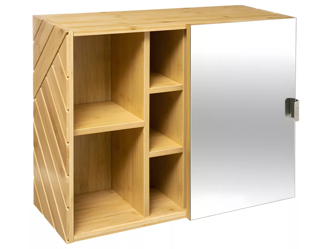 Meuble Salle de Bain Porte coulissante Miroir 7 Etagères en Bois H 45 cm