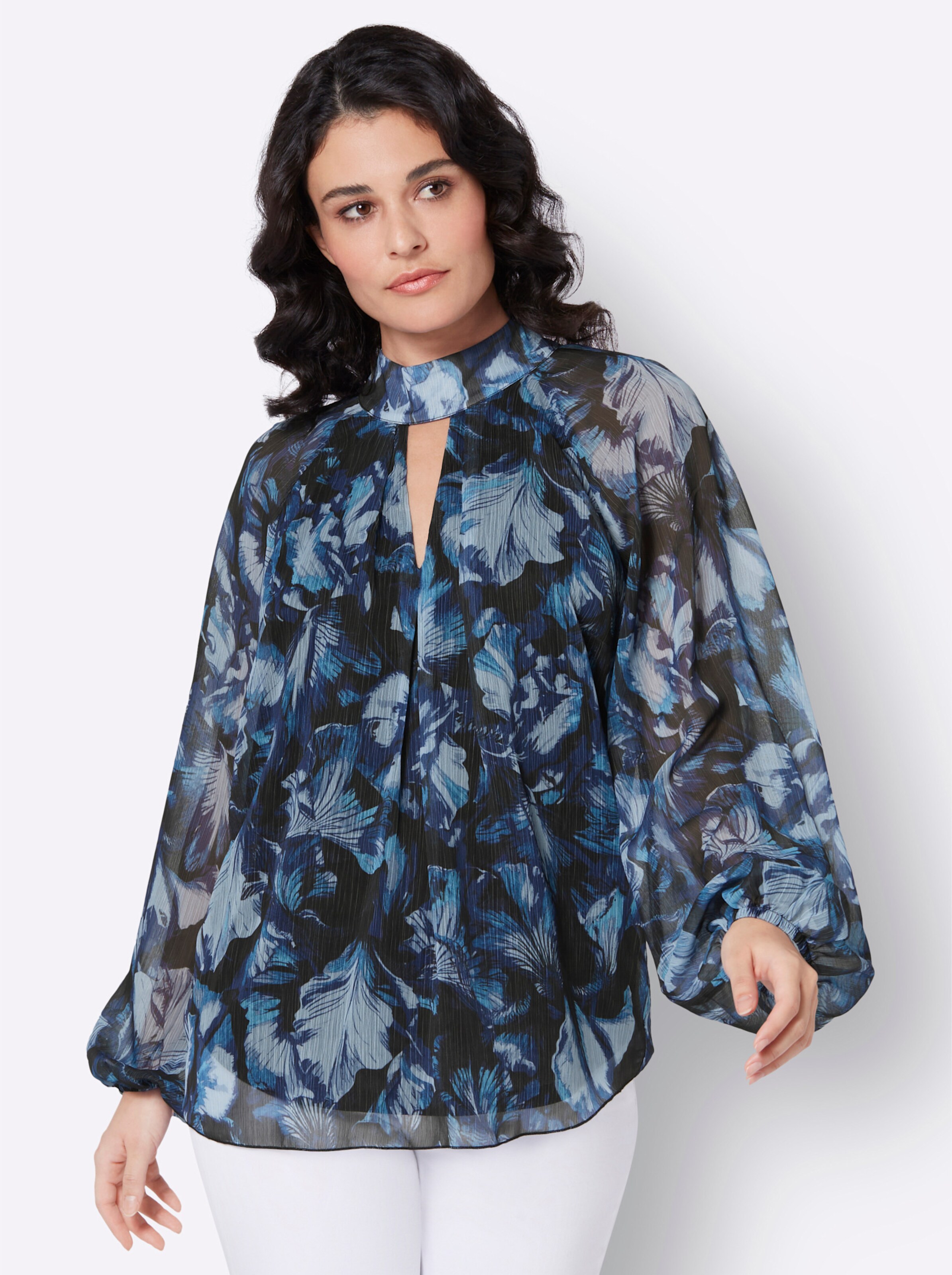 Druckbluse in schwarz-royalblau-bedruckt