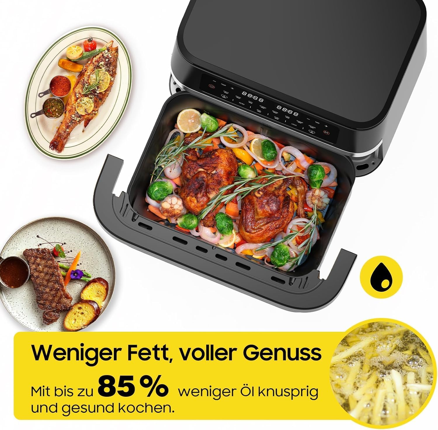 Heißluftfritteuse Dual Zone 11L XXL – Leistungsstarker Air Fryer mit Doppelkammer & herausnehmbarer Trennwand, Heissluftfriteuse ohne Öl, 2950W, Sichtfenster & Touchdisplay, für Familien