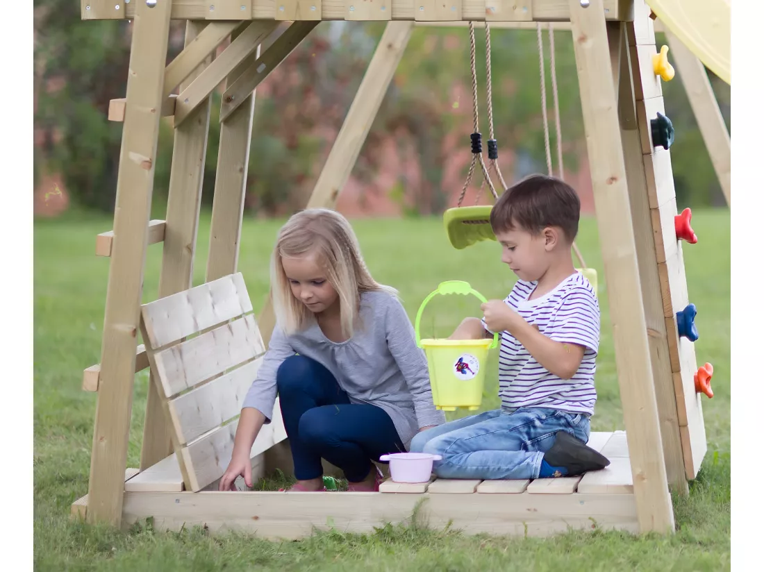 KANGUI Aire de jeux portique en bois WOODI - Double balançoire et nid Ø100cm, toboggan, mur d'escalade, bac a sable, cabane, échelle