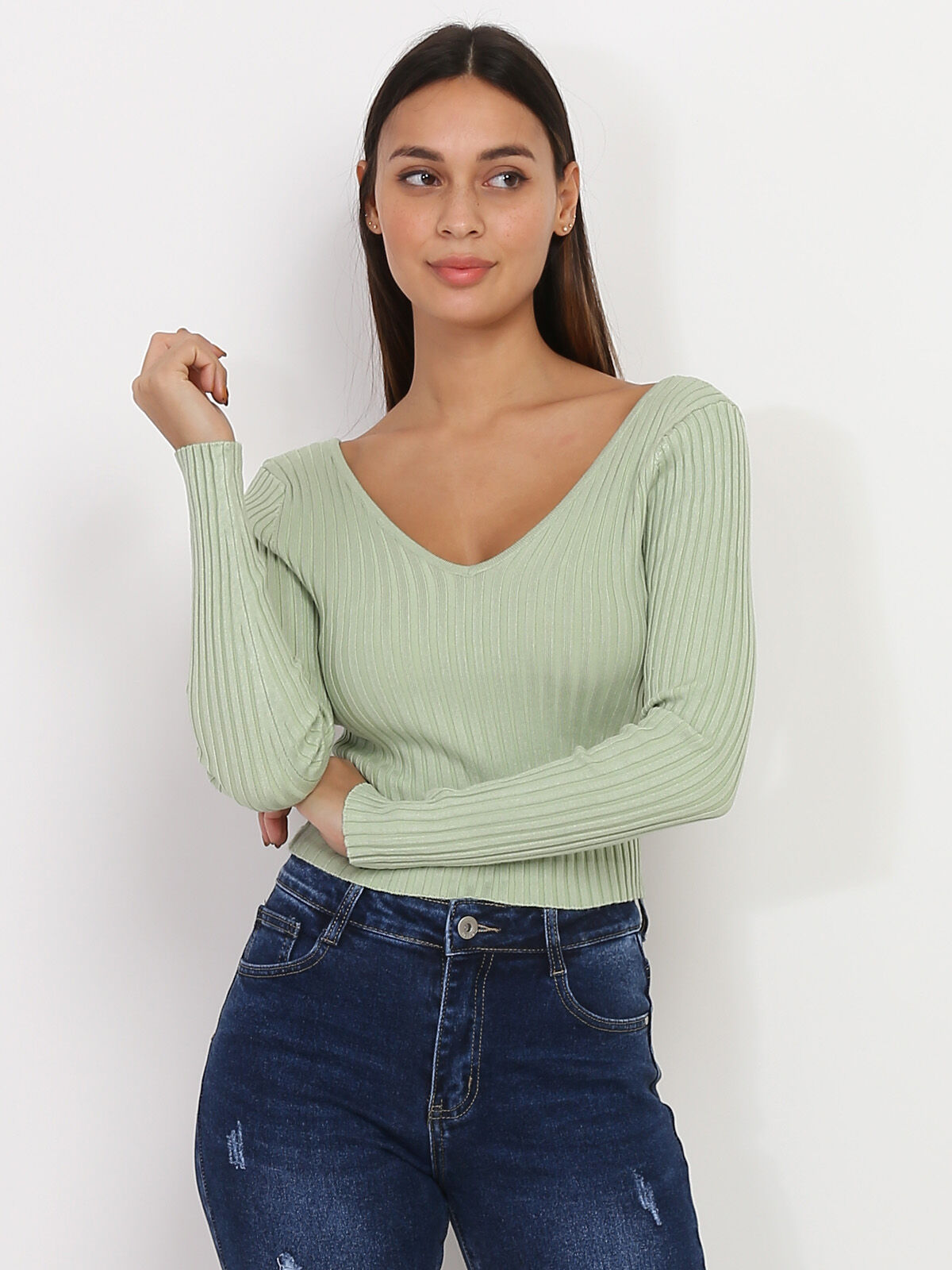 Sous pull cropped en maille côtelée- Vert clair