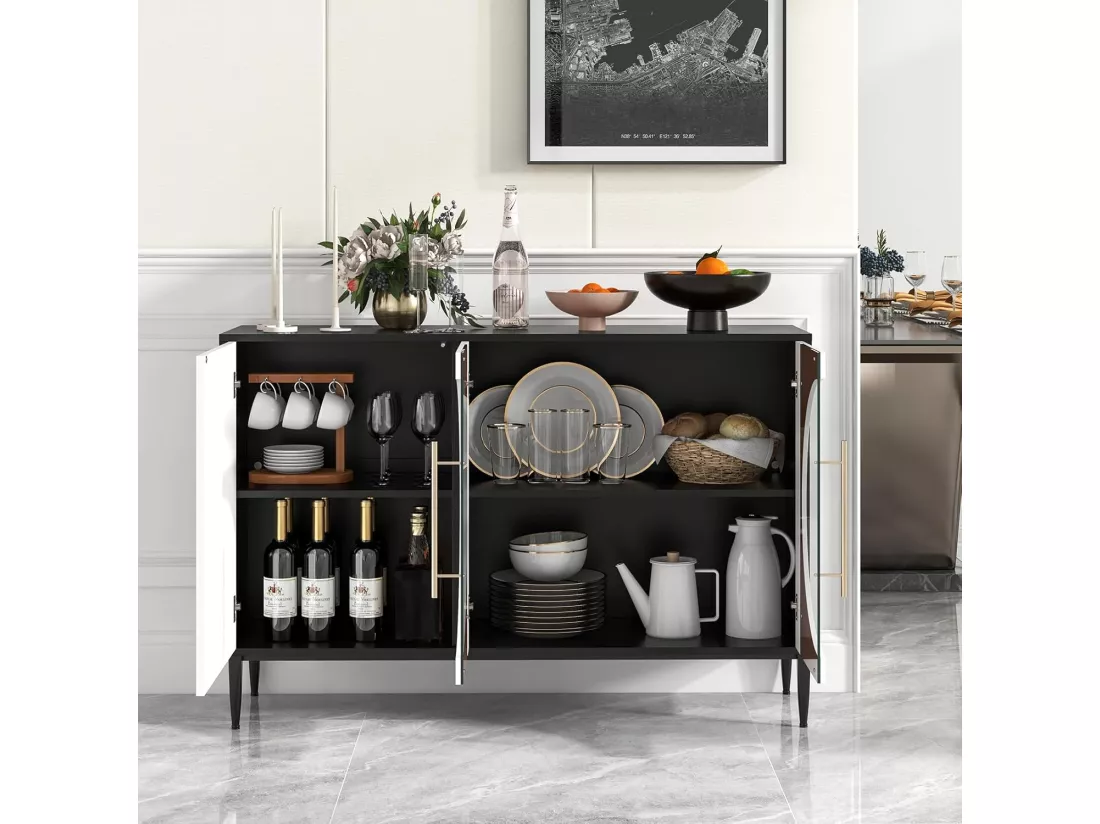Armoire Cuisine Bas, Buffet Cuisine Moderne 120CM, Placards à Portes Vitrées, Étagère Réglable, 4 Pieds en Métal, Meuble Rangement Design pour Salon, Chambre