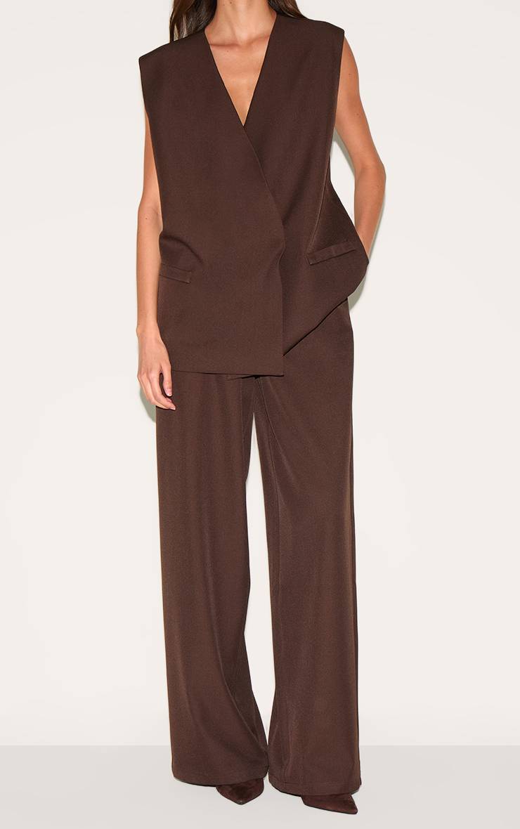 Chocolat Pantalon Large Taille Mi-haute Plissé En Tissu Tissé Ensemble Coordonné