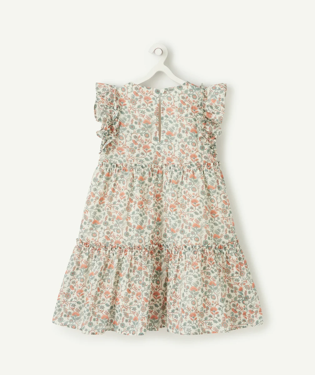 ROBE LONGUE ÉCRUE À VOLANTS FILLE IMPRIMÉ FLEURI ET LISERÉS COULEUR DORÉE