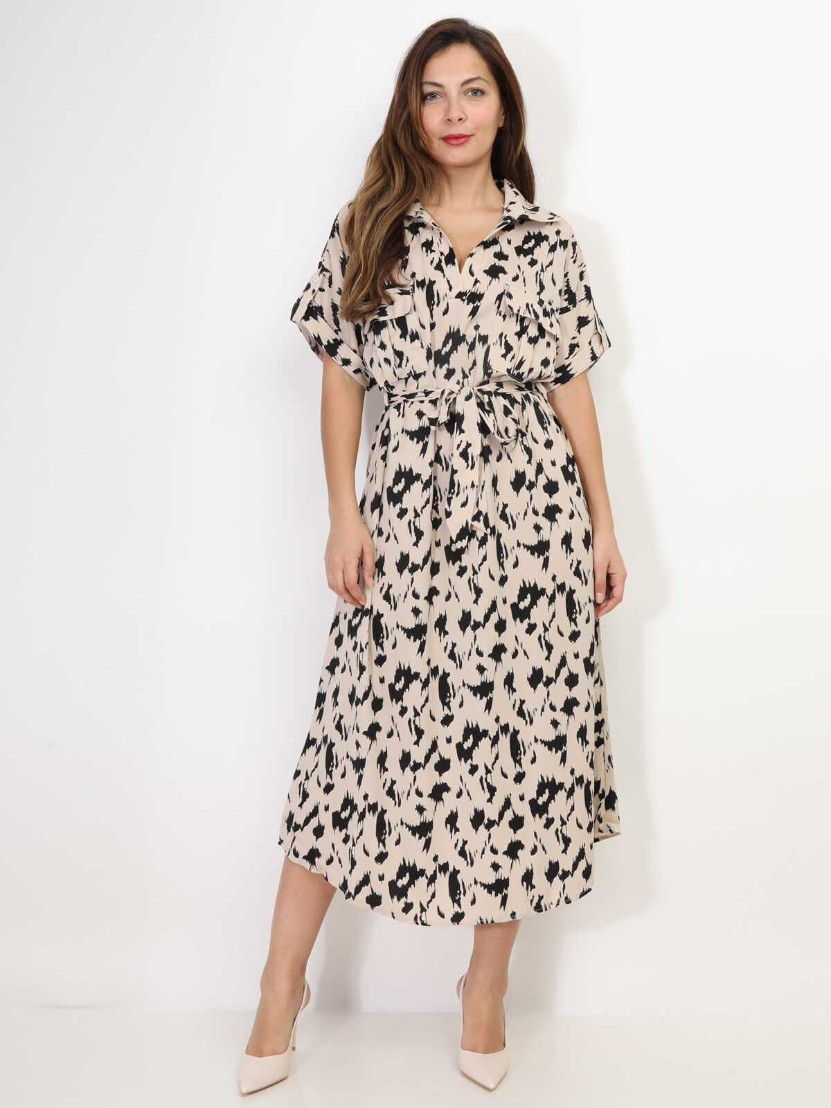 Robe saharienne mi-longue à motif abstrait- Beige