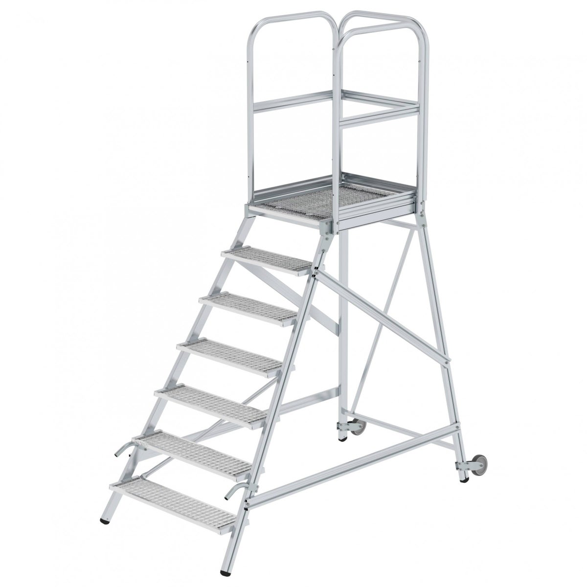 MUNK Platformladder met wielen en handvat, stalen rooster, 7 treden