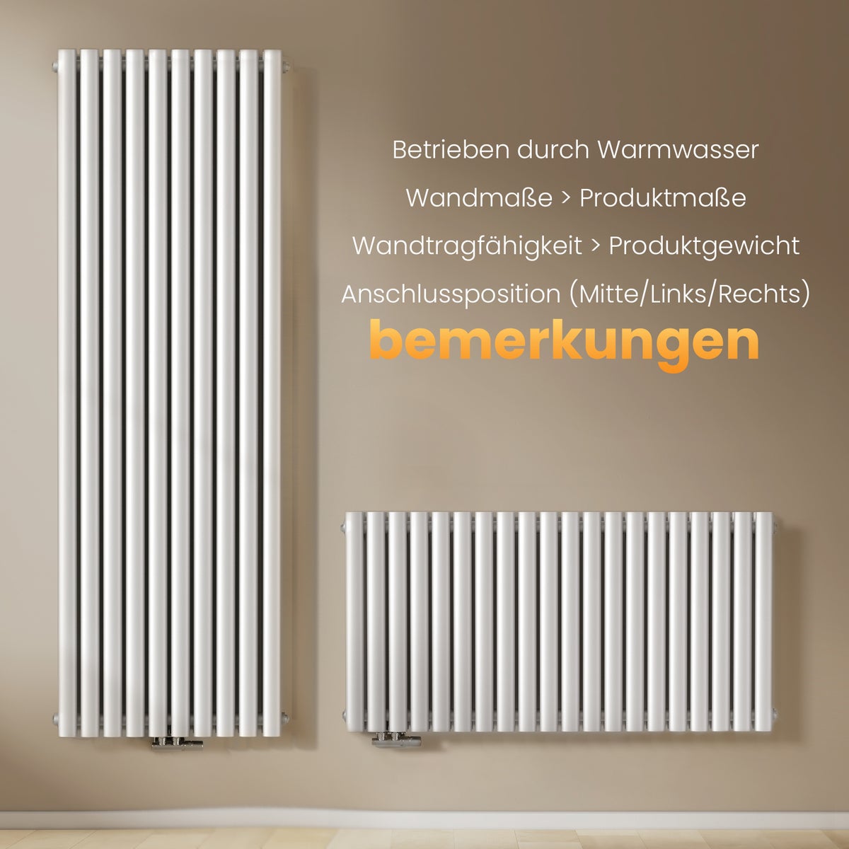 EMKE design buisradiator voor warmwatergebruik, middenaansluiting, dubbellaags, 2175 watt, 60 cm x 180 cm, wit