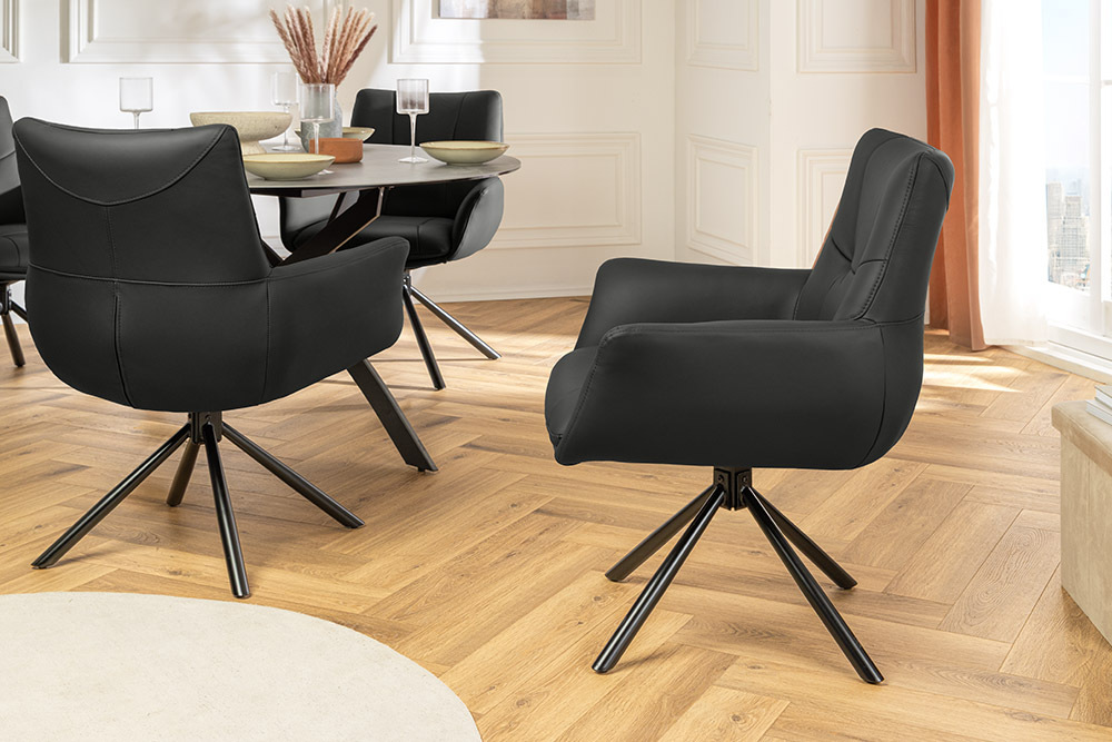Drehbarer Design Stuhl SIGNATURE schwarz Echtleder 360° Taschenfederkern Metall