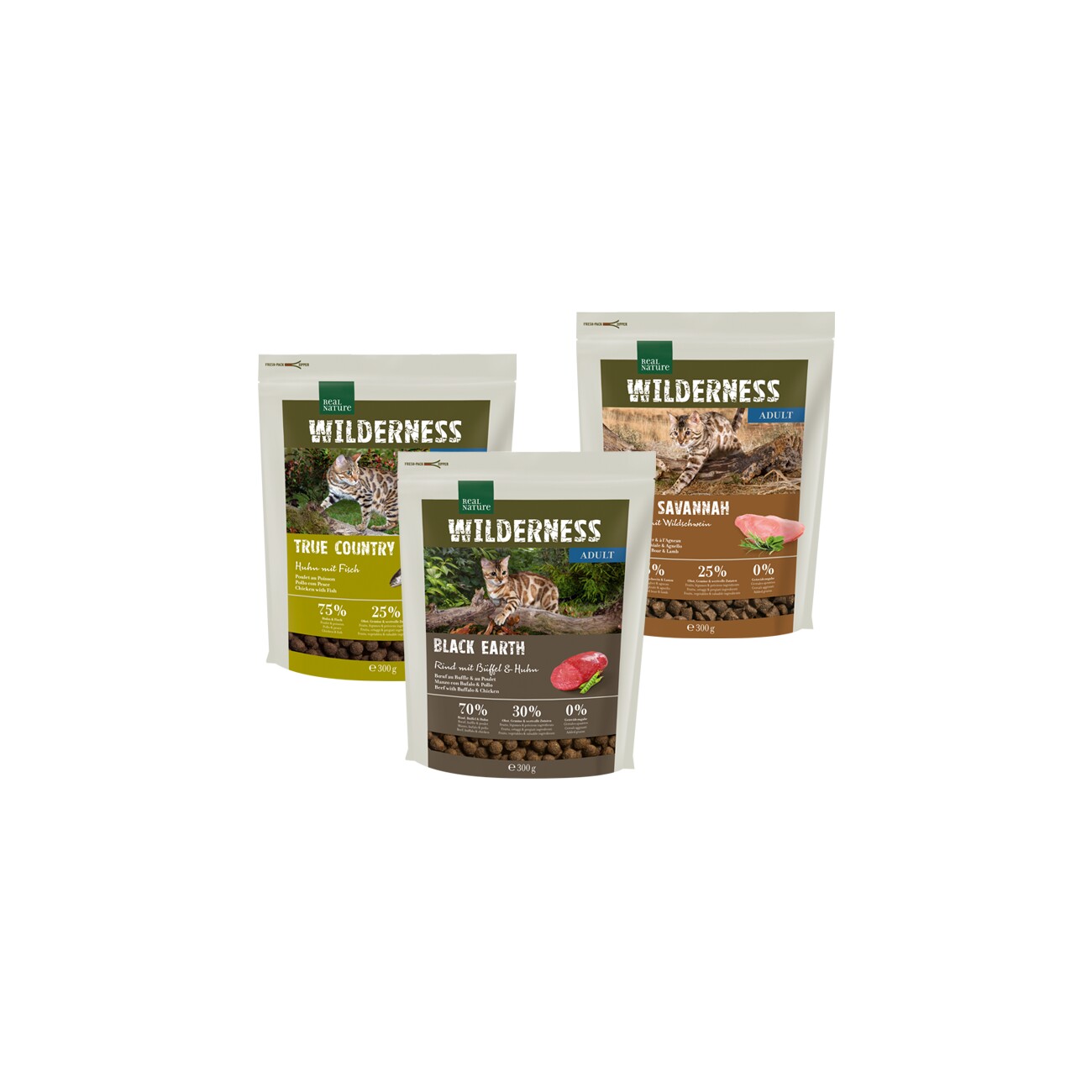 REAL NATURE WILDERNESS Trockenfutter Katze, Adult, Probierpaket 3x300 g Probierpaket 1