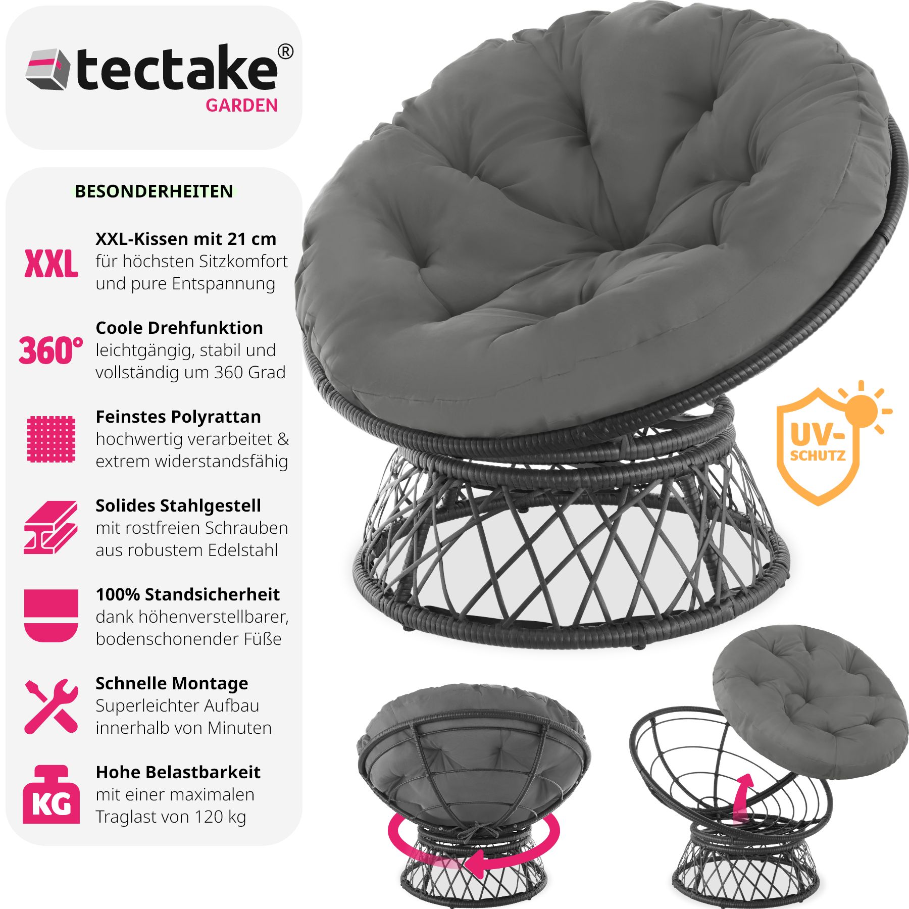 tectake® Rattansessel, drehbar, UV-beständig, 92 x 80 x 80,5 cm
