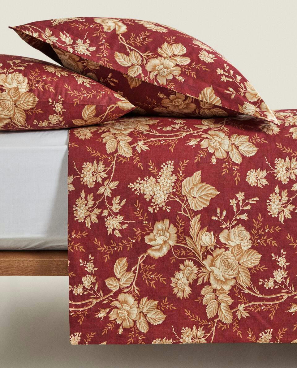 CAPA DE EDREDOM DE ALGODÃO COM FLORES DE NATAL DOURADAS