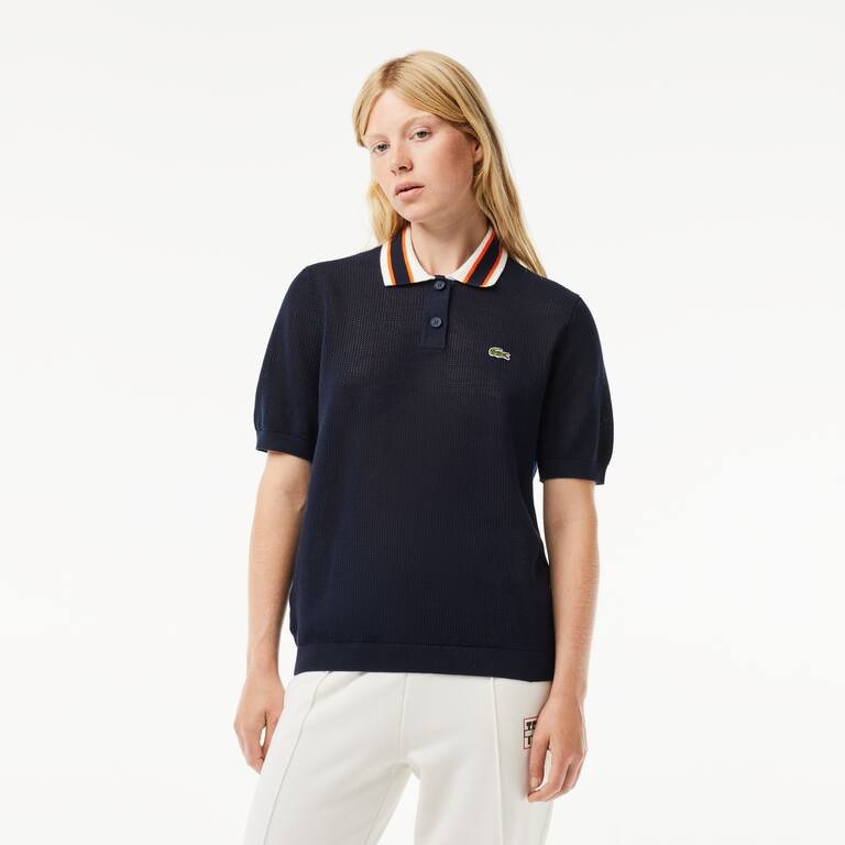 Pull col polo manches courtes en coton Pullovers - Bleu - Lacoste - Femme