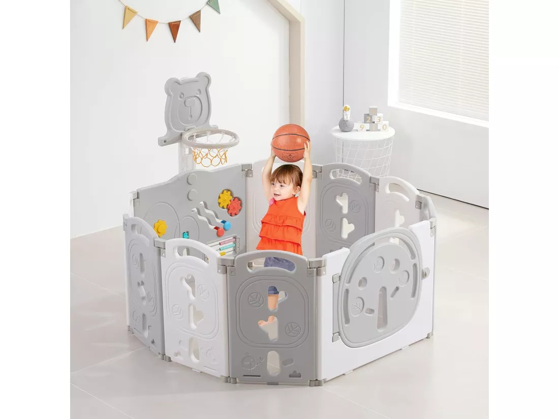 Yoleo Parc Bébé Pliable 8+2 Panneaux,Barrière de Sécurité Portail Parc avec Panier de Basket,Parc enfants Centre d'activités de sécurité, Plastique,Gris