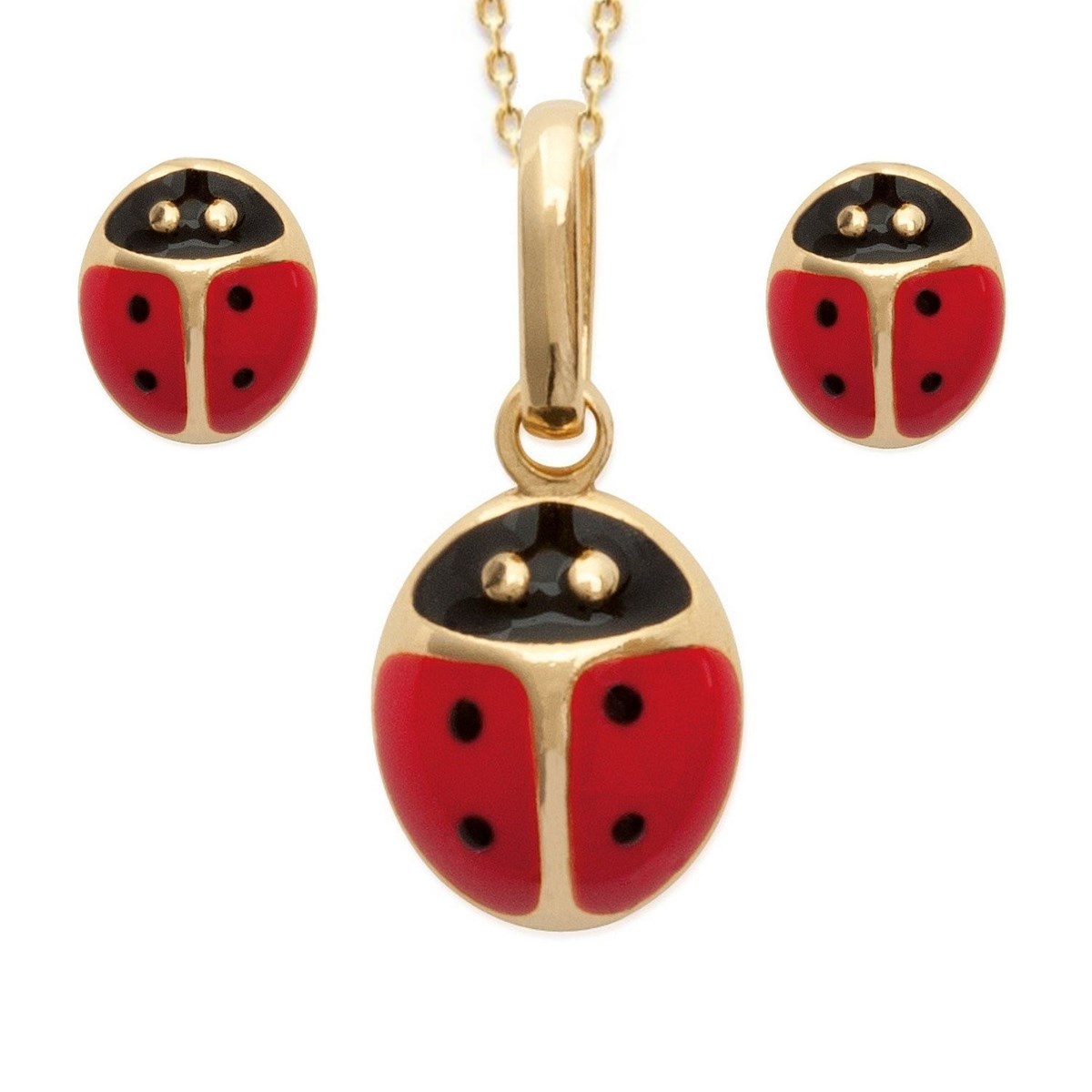 Parure coccinelle émail rouge et noir Plaqué OR 750 3 microns