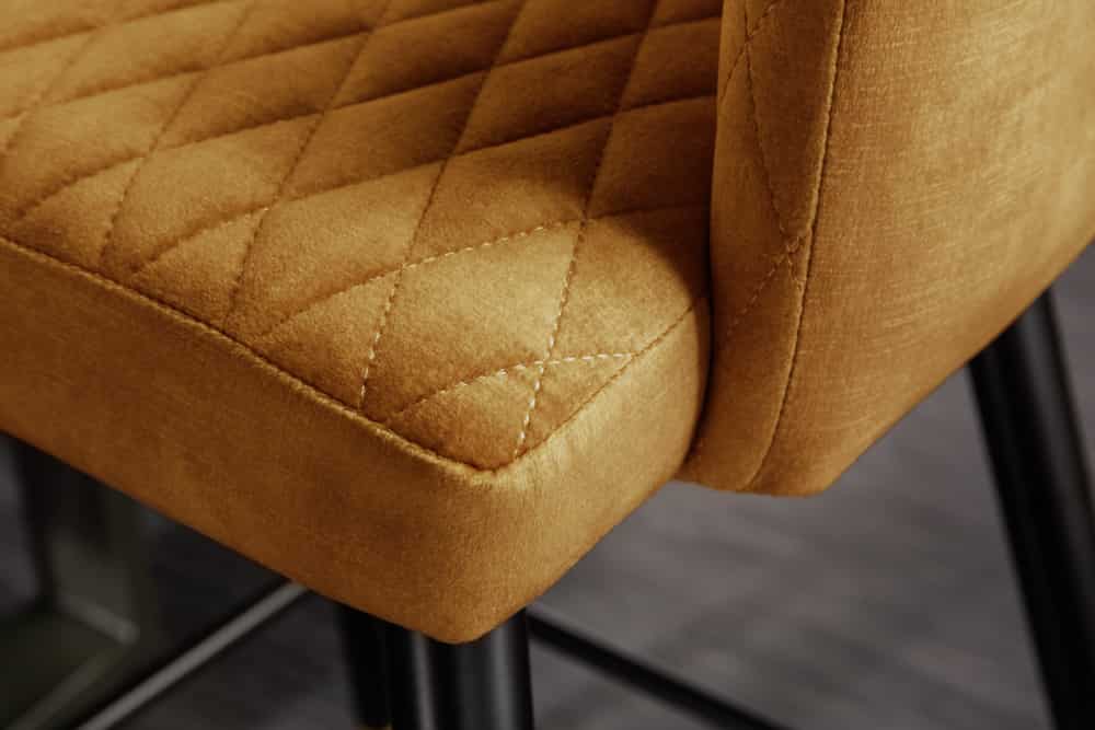 Design Barhocker PARIS senfgelb Samt mit Lehne Metall schwarz gold Ziersteppung