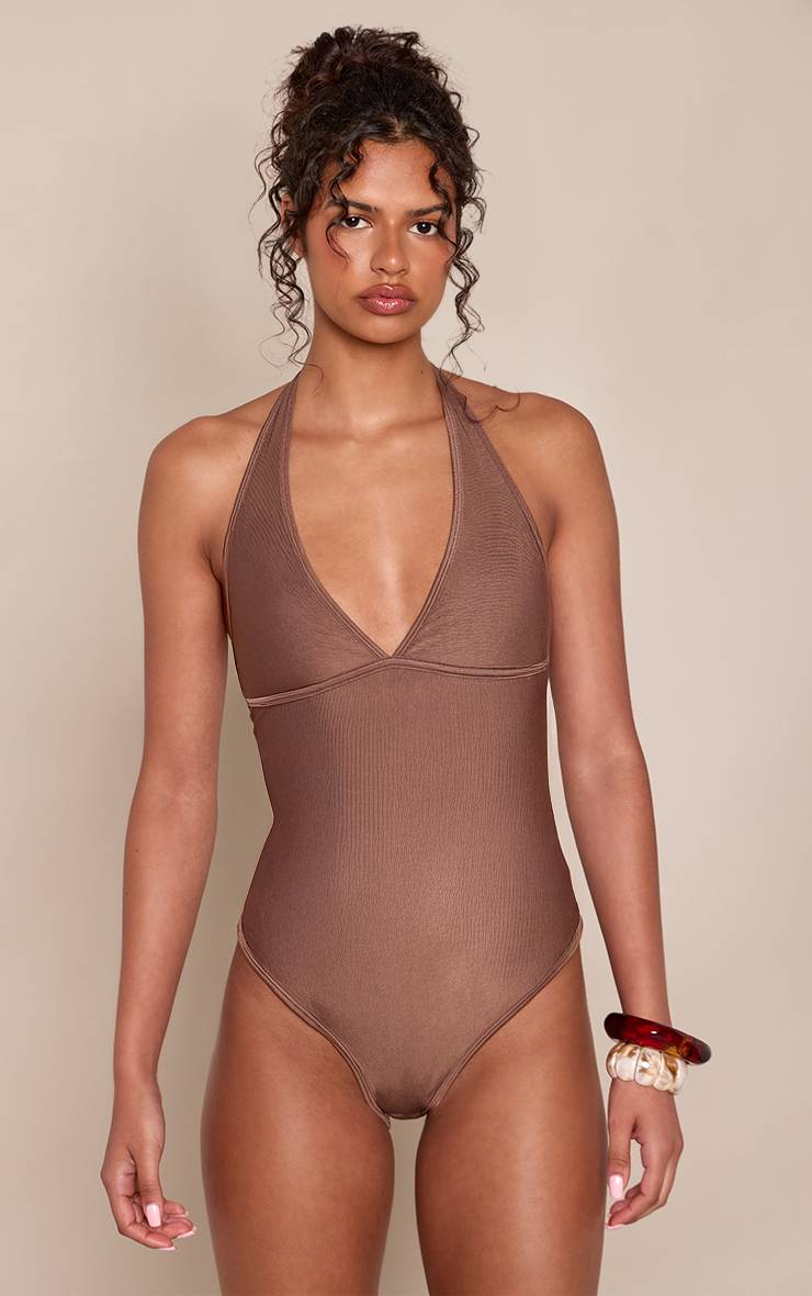 Chocolat Body Échancré Col Licou En Polyamide Espresso