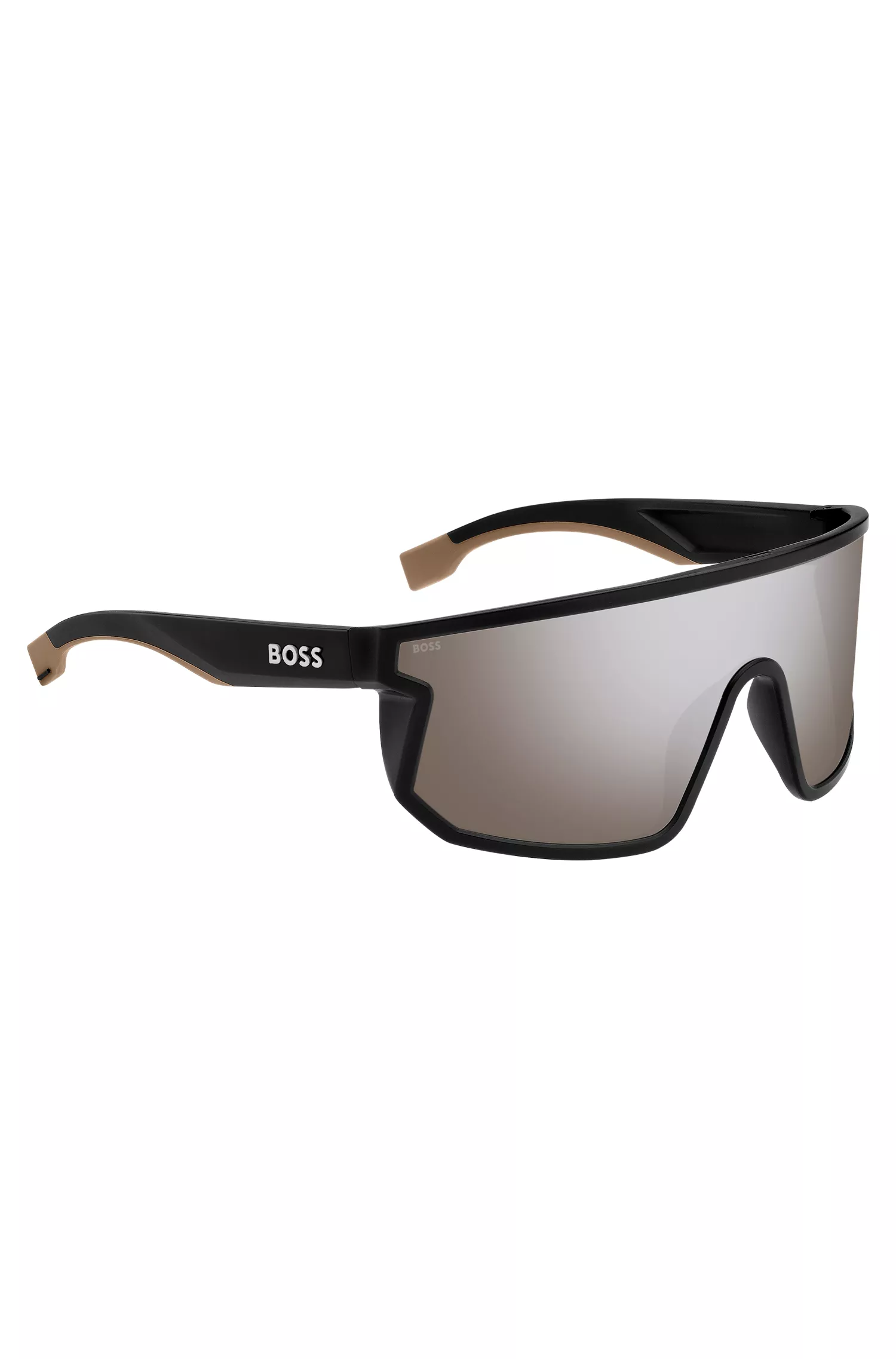 Óculos de sol BOSS estilo máscara, na cor preta, com hastes personalizadas com a marca.