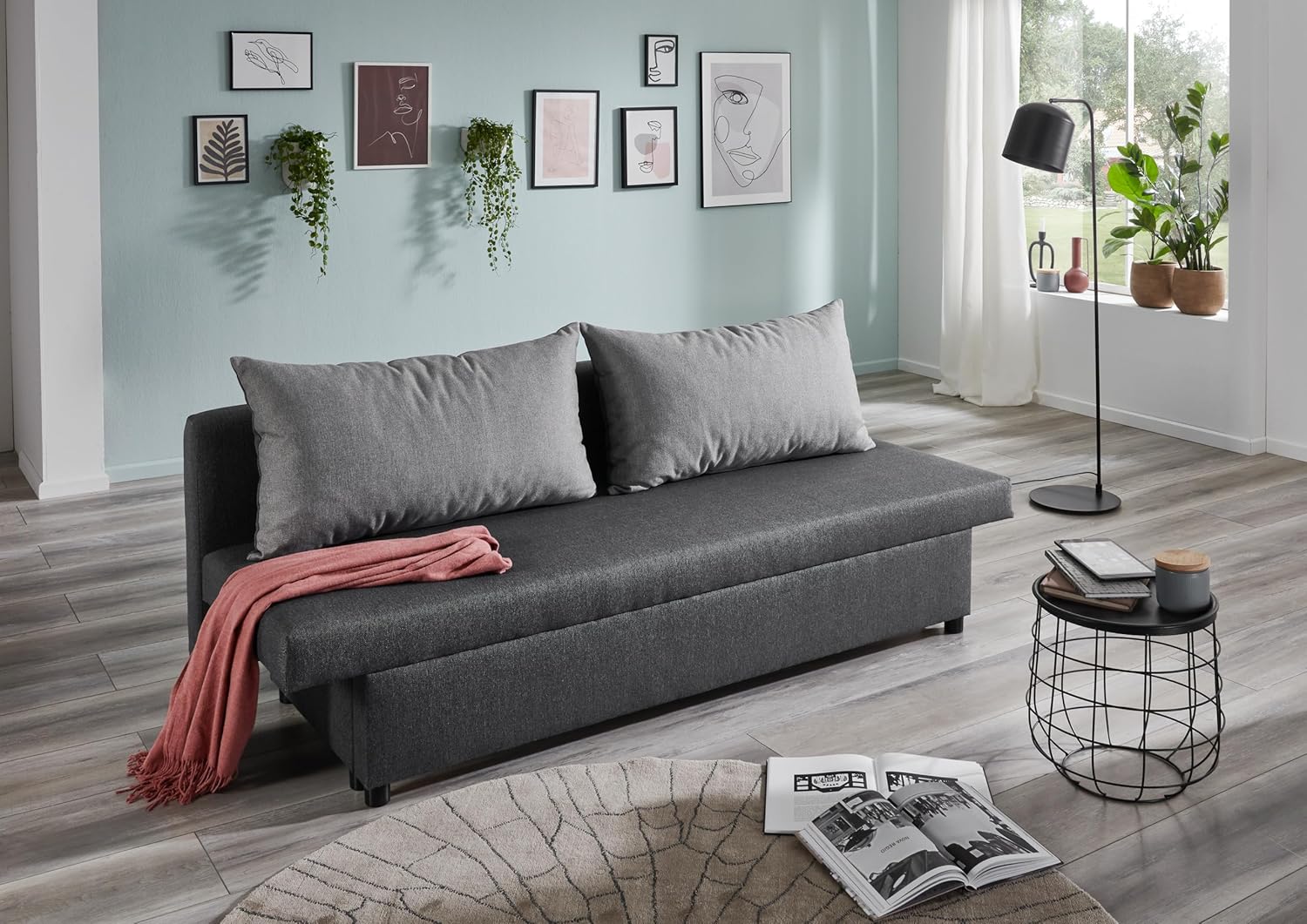 Betten-ABC Trendy Klappsofa mit Schlaffunktion – Platzsparendes Schlafsofa mit zweifarbigen Rückenkissen, Komfortschaum-Polsterung, Stabilen Kunststofffüßen, Anthrazit, 191x72x73 cm