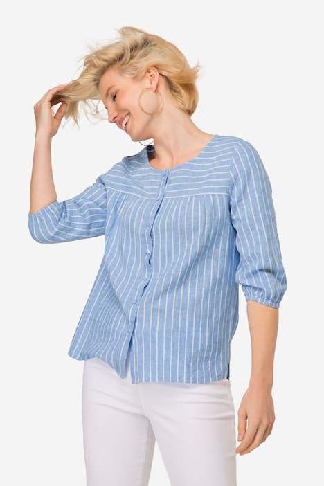Bluse, Leinenmix, Streifen, Rundhals, 3/4-Ärmel