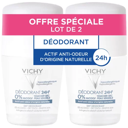 Déodorant 24H actif anti-odeur d'origine naturelle toucher sec - Roll-on - LOT 2x50ml