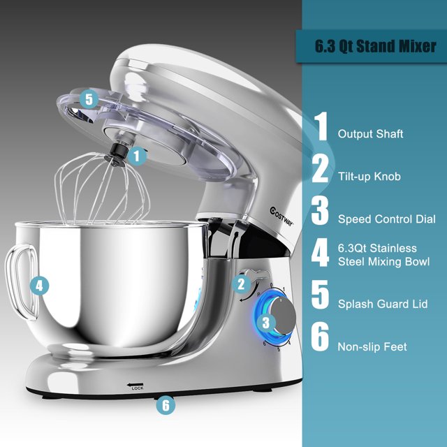 Batedeira de pedestal Costway de 6 velocidades, 660 W, com gancho para massa e batedor de arame, 6,3 qt (6,3 litros), branca.