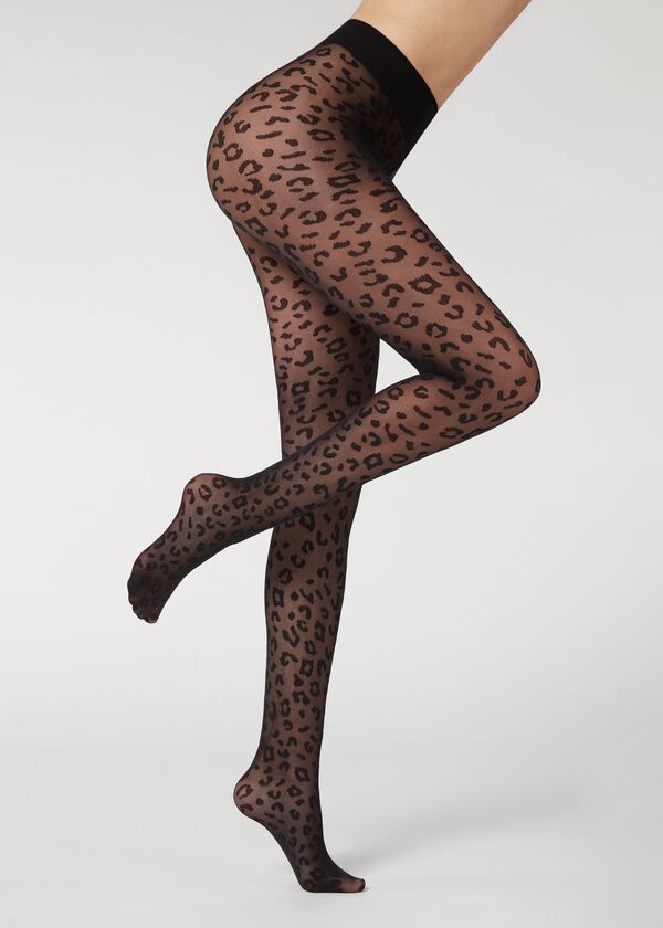 Meia-calça transparente com estampa animal, 30 denier