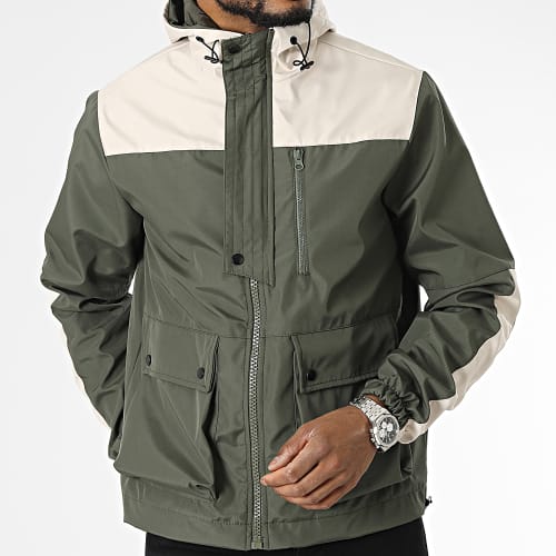 Veste Zippée Capuche Vert Kaki Beige