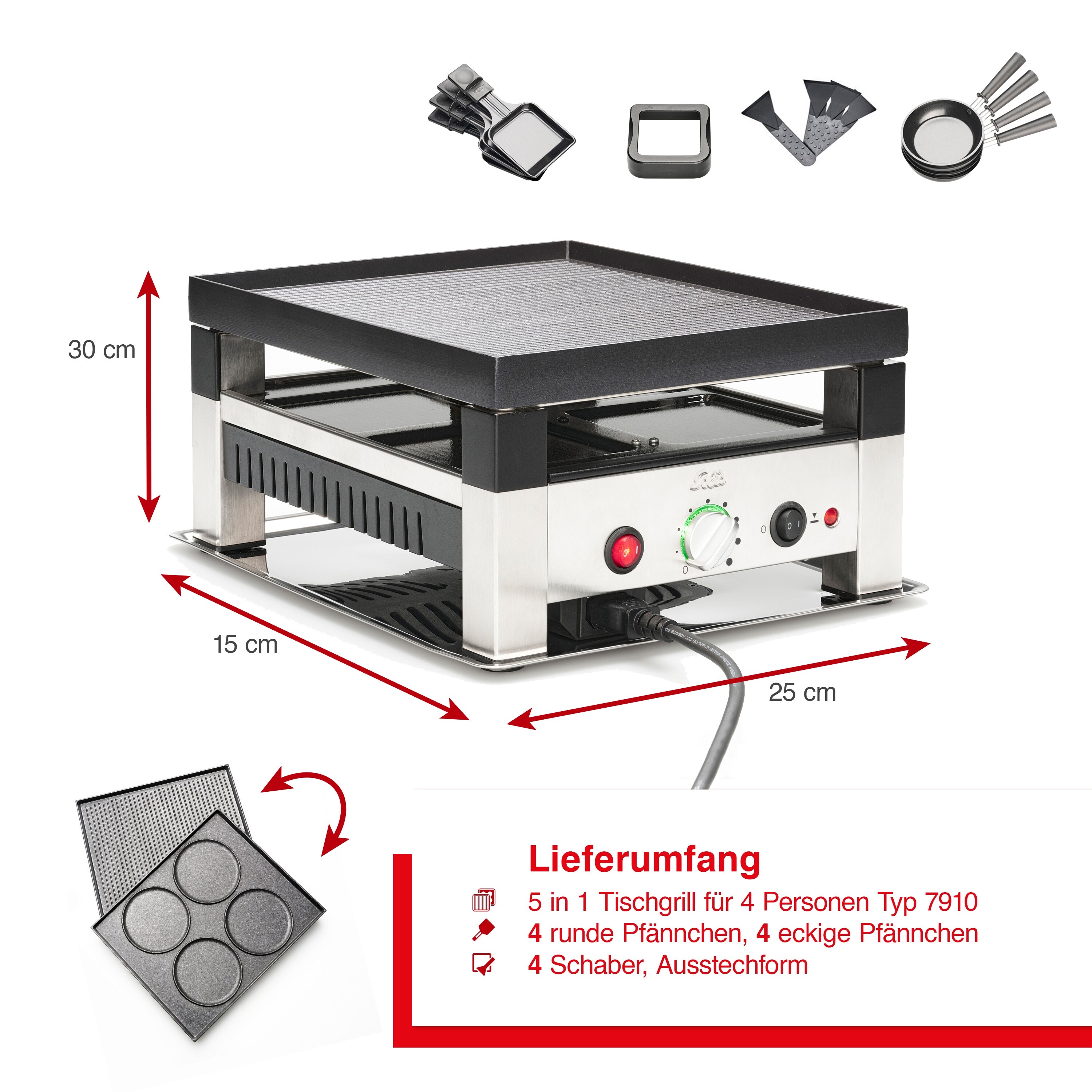 Solis 5 in 1 Raclette Tischgrill, 1020W 4 Personen Mini Pizza Mini Wok