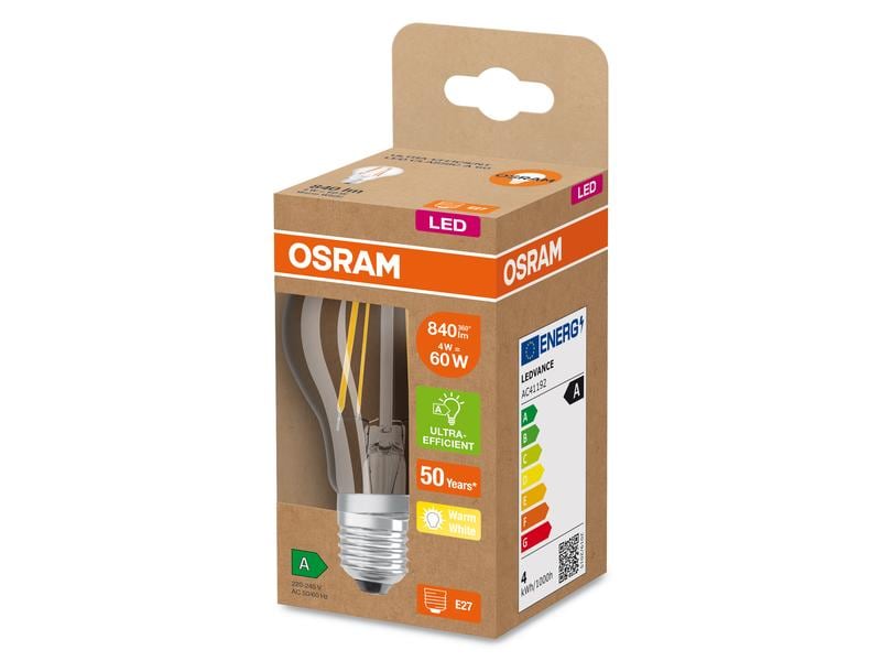 OSRAM Lampe Clas A 60 CL, 4W, E27, Fil, Warmweiss LED-Lampen, klassische Kolbenform