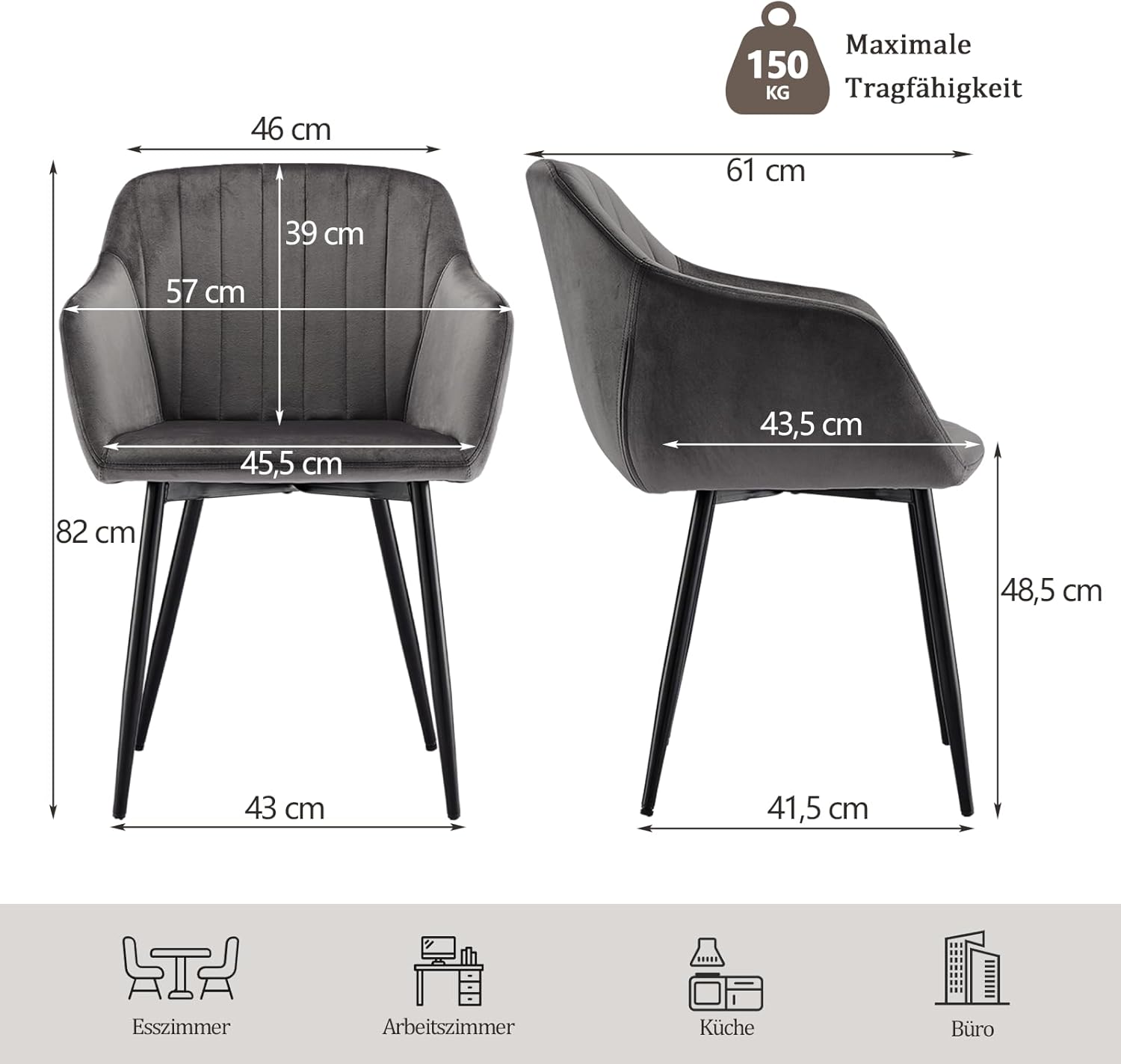Esszimmerstühle mit Armlehne 6er Set aus Samt Polsterstuhl Küchenstuhl Stühle Esszimmer Wohnzimmerstuhl mit Gepolstertem Sitz Metallbeine, Dunkelgrau