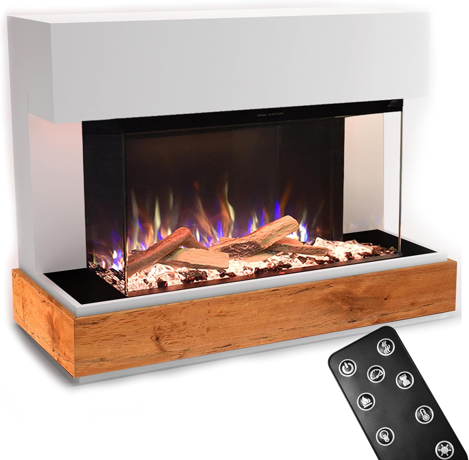 GLOW FIRE Kaminofen Curie mit realistischem 3D E-Motion LED-Feuer - Stand-Elektrokamin mit Heizung, Kaminfeuer & Timer, max. 1500 W, 114x89x41,5, Weiß