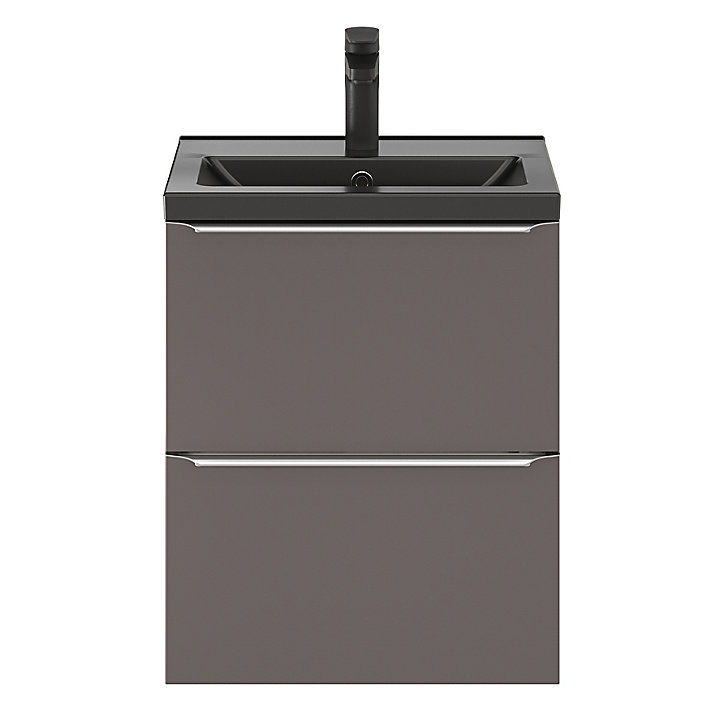 Ensemble salle de bains l.50 cm meuble à suspendre faible profondeur Imandra gris taupe brillant + plan vasque céramique noir