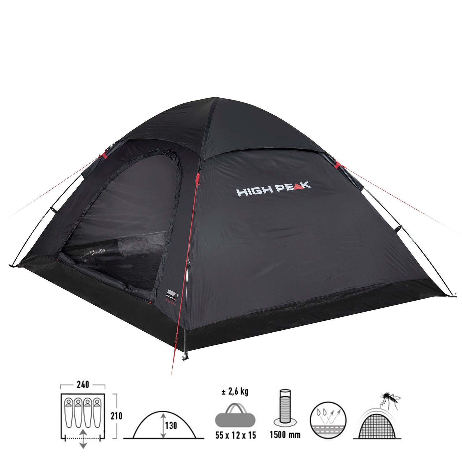 HIGH PEAK Kuppelzelt Monodome XL 4 Personen Camping Bike Zelt Familienzelt Groß Farbe: schwarz
