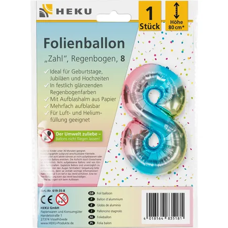 HEKU Folienballon Zahl 8, Regenbogen, mit Aufblashalm, Höhe 80cm