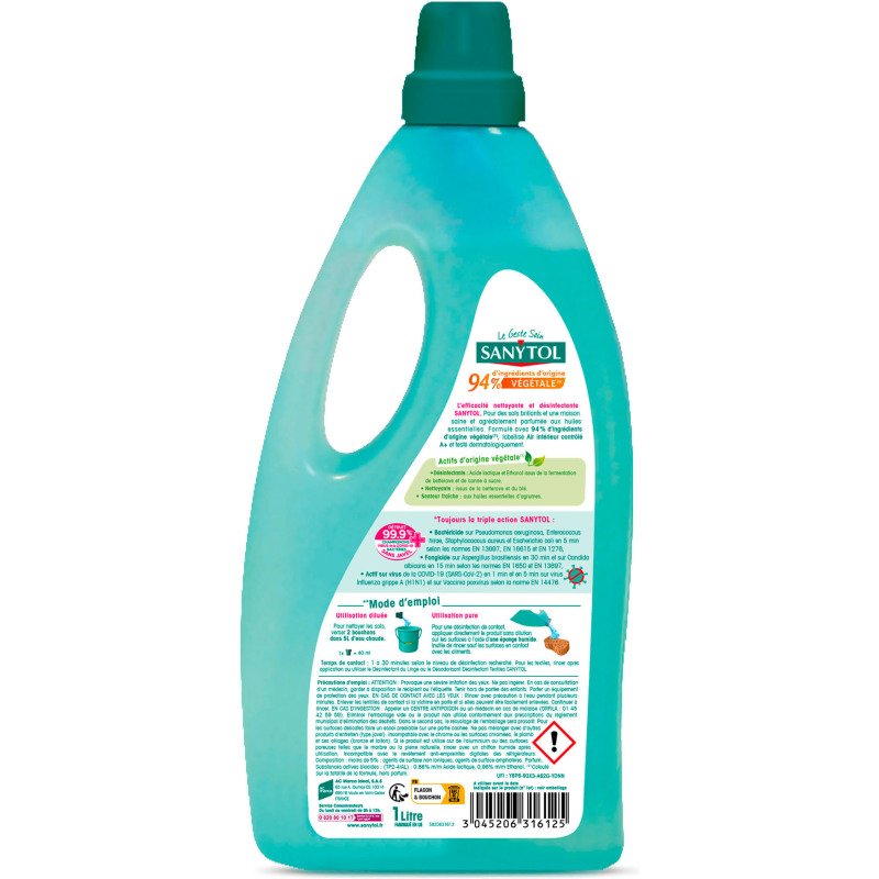 Désinfectant nettoyant multi-uages Sanytol agrumes 94 % végétal - Flacon 1L