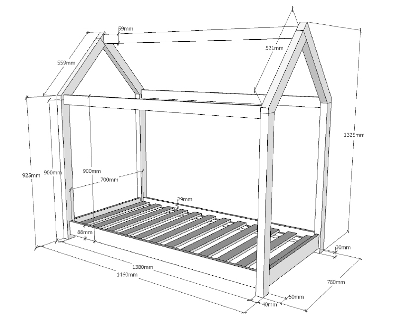 Hausbett CABANE - natur - Kiefer massiv - mit Matratze - 70x140 cm