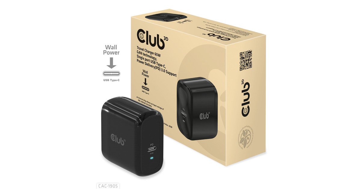 Club 3DTravel Charger PPS 65W GAN technology  (Zwart, USB-C, Power Delivery(PD) 3.0)