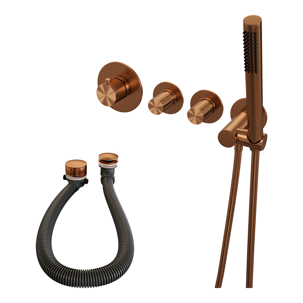 Brauer Stripe inbouw badkraan met badvulcombinatie en staafhanddouche koper geborsteld PVD